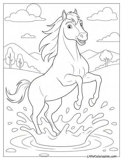 Spirit the Horse Splashing Joyfully Inside a Mud Puddle Coloring Page