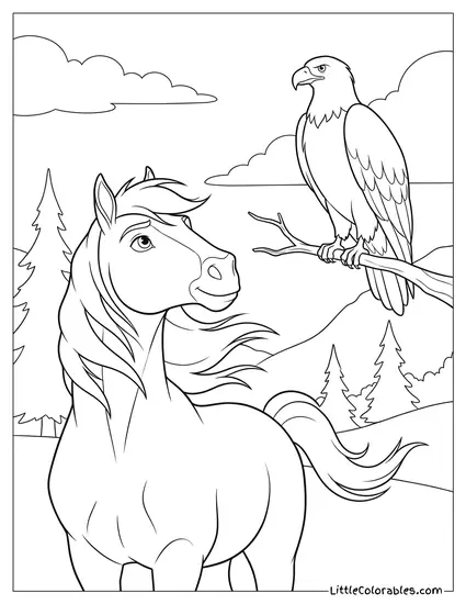 Spirit the Horse Staring Curiously at a Bald Eagle Coloring Page