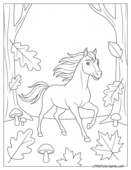Spirit the Horse Trotting Happily Through Autumn Woods Coloring Page