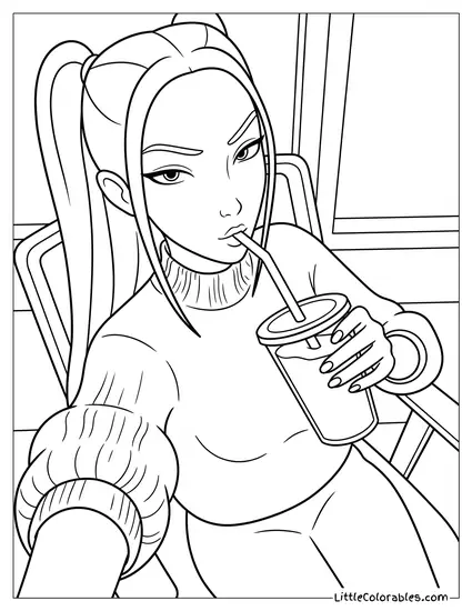 Taking Selfie Drinking From Cup Coloring Page