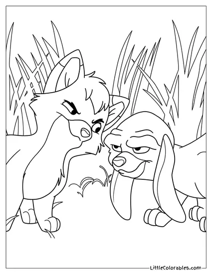 Tod and Copper Peeking Through Grass Coloring Page