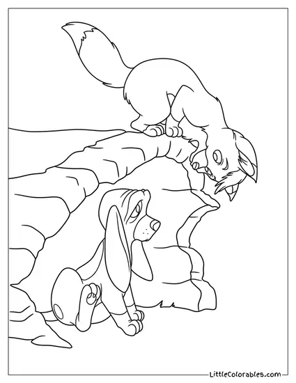 Tod and Copper Playing Coloring Page