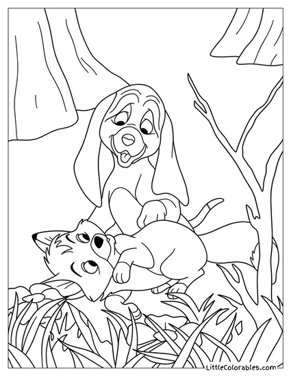Tod and Copper Playing in the Grass Coloring Page