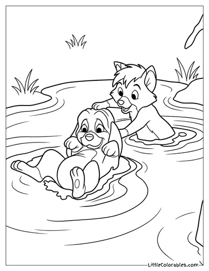 Tod and Copper Playing in the Water Coloring Page