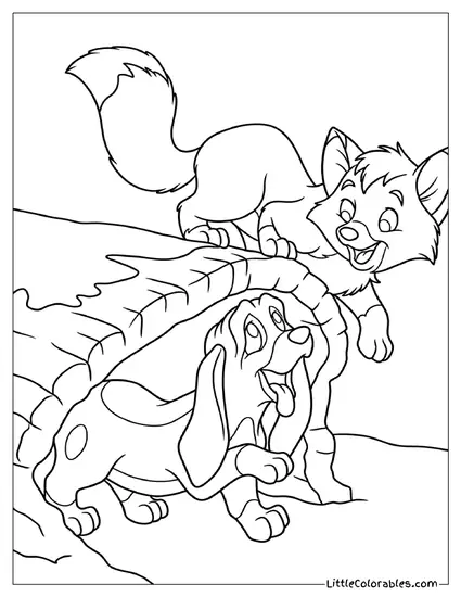 Tod and Copper Playing on a Log Coloring Page