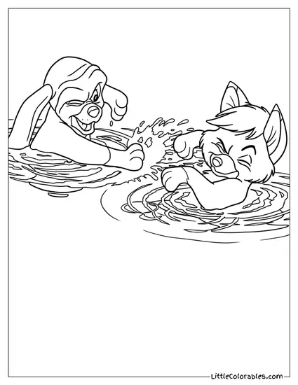 Tod and Copper Splashing in the Water Coloring Page
