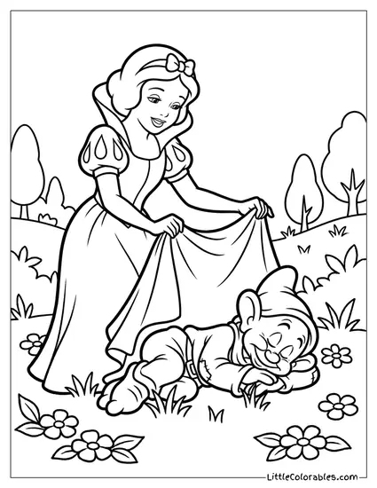 Tucking Sleeping Dopey into Grass Coloring Page