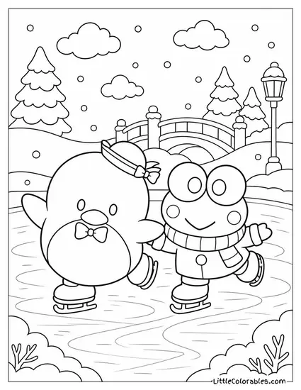 Tuxedo Sam and Keroppi Ice Skating Side by Side Coloring Page