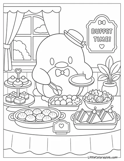 Tuxedo Sam at a Buffet Table with Tiny Serving Tongs Coloring Page