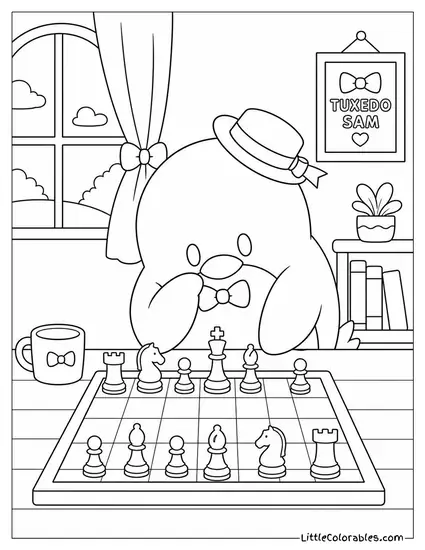 Tuxedo Sam at a Chessboard Studying His Next Move Coloring Page