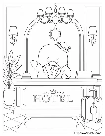 Tuxedo Sam at a Fancy Hotel Front Desk Coloring Page