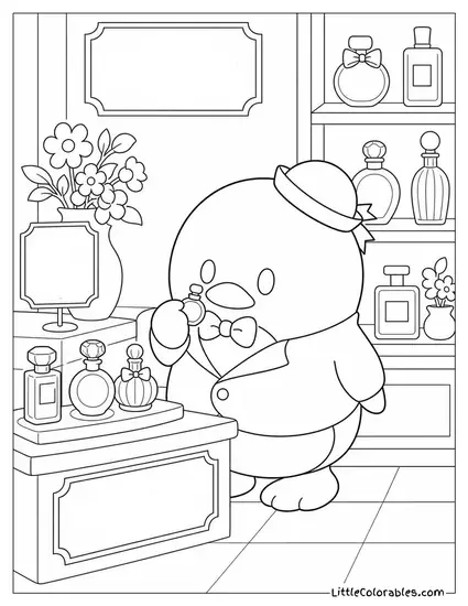 Tuxedo Sam at a Perfume Counter Smelling a Tiny Bottle Coloring Page