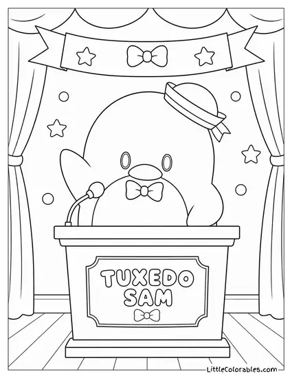 Tuxedo Sam at a Podium Giving a Tiny Speech Coloring Page