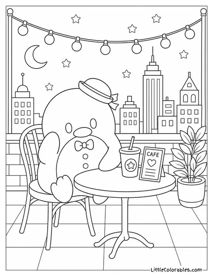 Tuxedo Sam at a Rooftop Table Under String Lights Coloring Page
