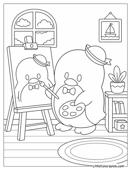 Tuxedo Sam at an Easel Painting a Self Portrait Coloring Page