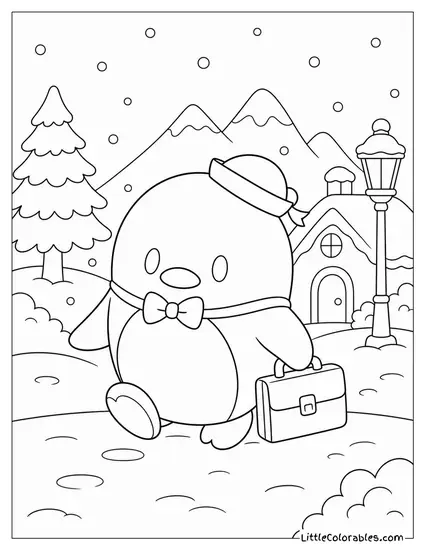 Tuxedo Sam Carrying a Tiny Briefcase in the Snow Coloring Page