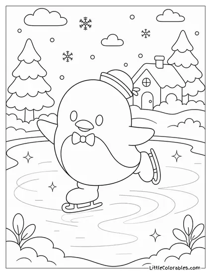 Tuxedo Sam Ice Skating on a Frozen Pond Coloring Page