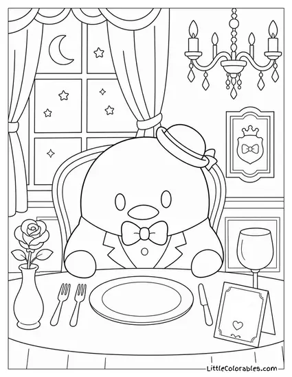 Tuxedo Sam in a Bow Tie at a Fancy Dinner Table Coloring Page