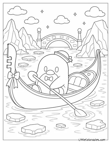 Tuxedo Sam in a Gondola Gliding Through Icy Water Coloring Page