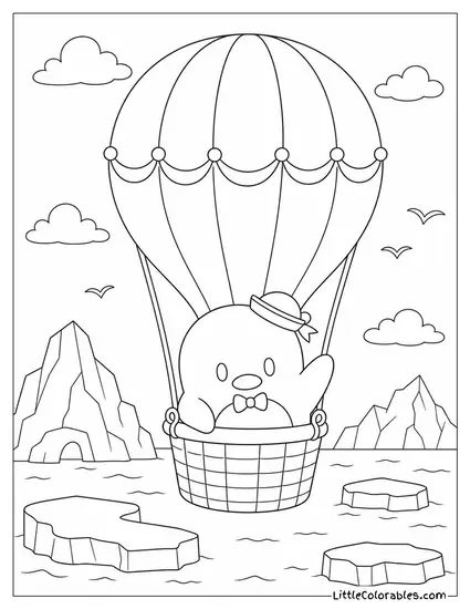 Tuxedo Sam in a Hot Air Balloon Over Icy Waters Coloring Page