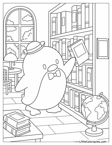 Tuxedo Sam in a Library Pulling a Book Off a Shelf Coloring Page