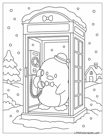 Tuxedo Sam in a Snowy Phone Booth Making a Call Coloring Page