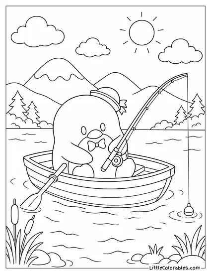 Tuxedo Sam in a Tiny Rowboat with a Fishing Rod Coloring Page