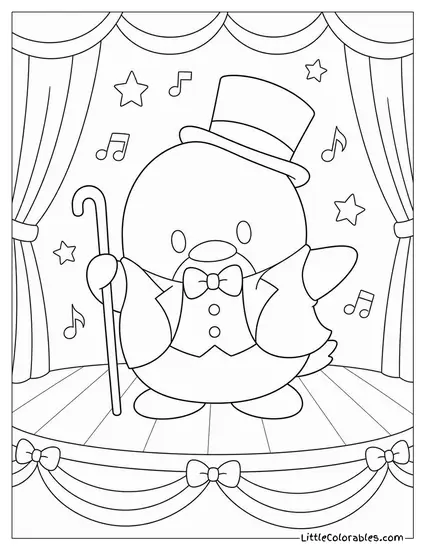 Tuxedo Sam in a Top Hat and Cane on a Stage Coloring Page