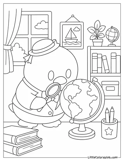 Tuxedo Sam Inspecting a Globe with a Magnifying Glass Coloring Page