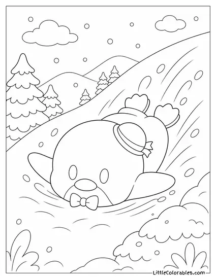 Tuxedo Sam Sliding Down a Snowy Hill on His Belly Coloring Page