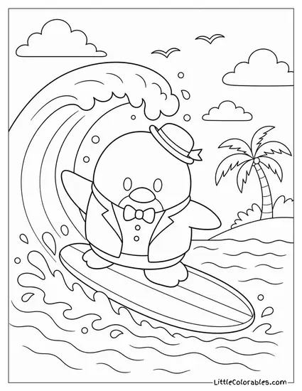 Tuxedo Sam Surfing a Wave in a Tuxedo Coloring Page