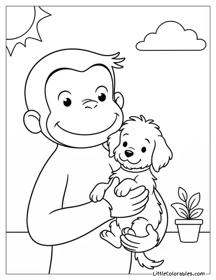 Waist Shot Curious George Holding a Cute Little Puppy Coloring Page