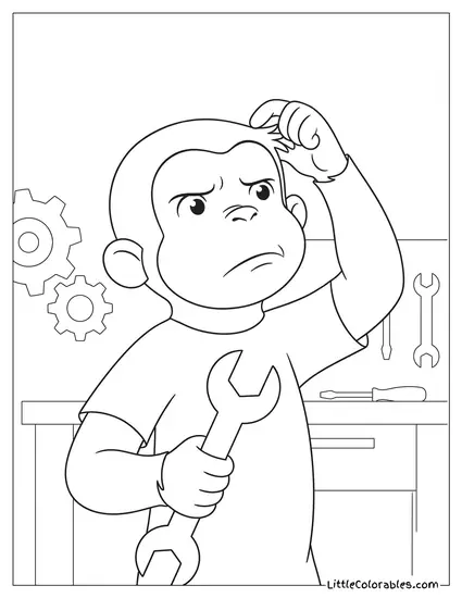 Waist Shot Curious George Looking Highly Confused Holding Wrench Coloring Page