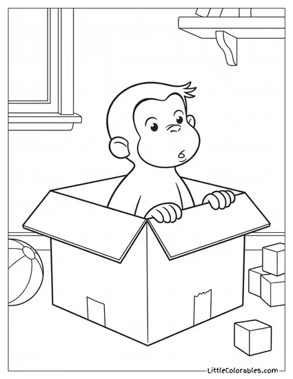 Waist Shot Curious George Peeking Curiously Out From Box Coloring Page
