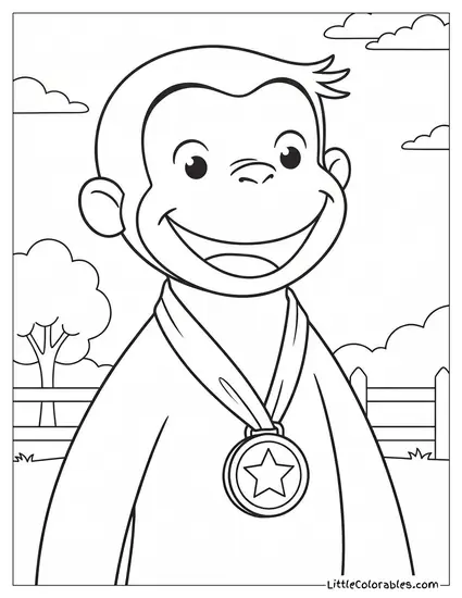 Waist Shot Curious George Proudly Wearing a Golden Medal Coloring Page