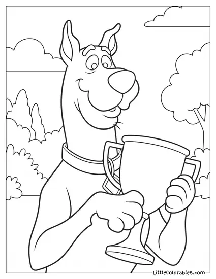 Waist Shot Scooby Doo Smiling Warmly Holding a Golden Trophy Coloring Page