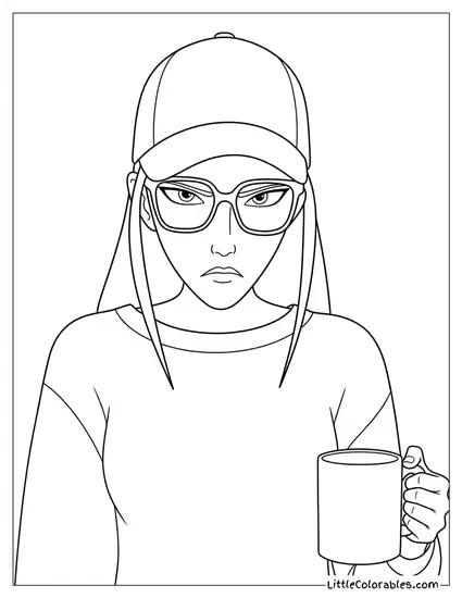 Wearing Cap and Glasses Holding Cup Coloring Page