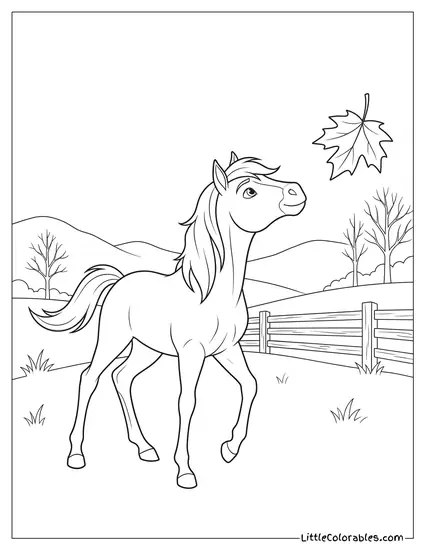 Young Spirit the Horse Catching a Falling Autumn Leaf Coloring Page