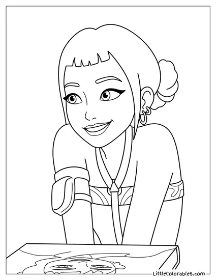 Zoey Leaning Forward on a Book Coloring Page