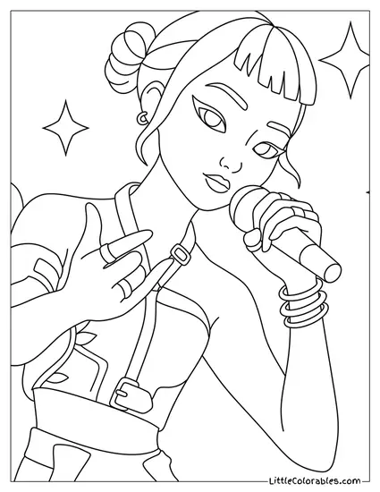 Zoey Singing With Microphone and Stars Coloring Page