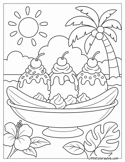 A Banana Split With Three Scoops and Toppings Coloring Page