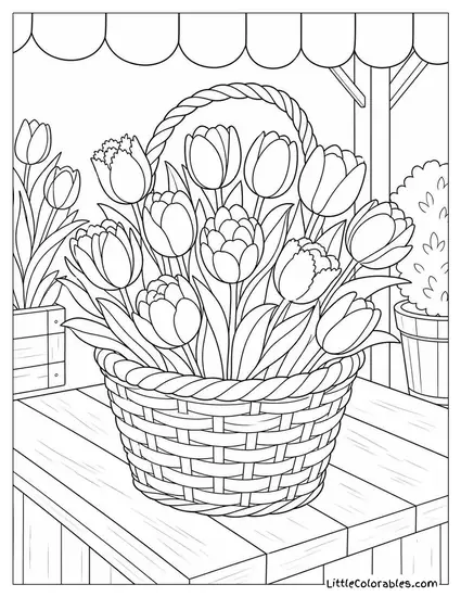 A Basket of Mixed Tulips on a Wooden Market Stall Coloring Page