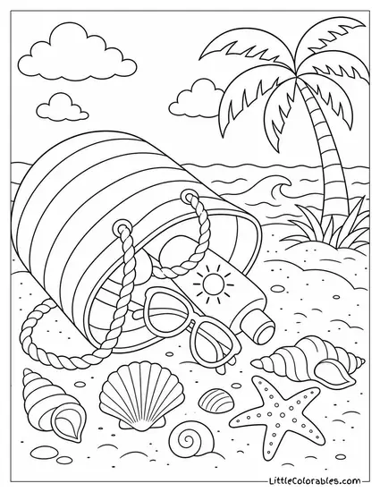 A Beach Bag Tipped Over With Shells and Sunscreen Spilling Out Coloring Page