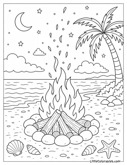 A Beach Bonfire at Night With Sparks Rising Into the Sky Coloring Page