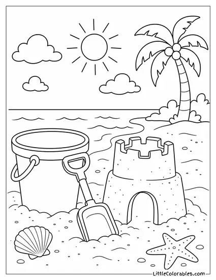 A Beach Bucket and Spade Beside a Half Built Sandcastle Coloring Page