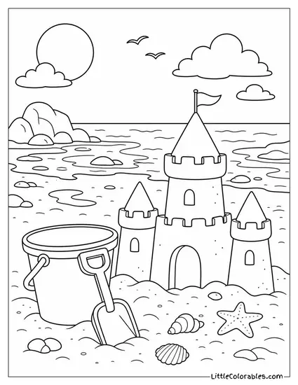 A Beach Bucket Spade and Sandcastle at Low Tide Coloring Page