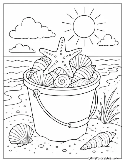 A Beach Pail Filled With Shells and Topped With a Starfish Coloring Page
