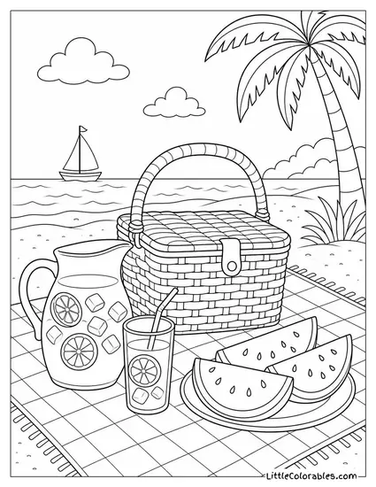 A Beach Picnic With Watermelon Lemonade and a Wicker Basket Coloring Page
