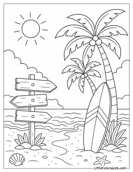 A Beach Scene With Road Sign Palm Trees and a Surfboard Coloring Page