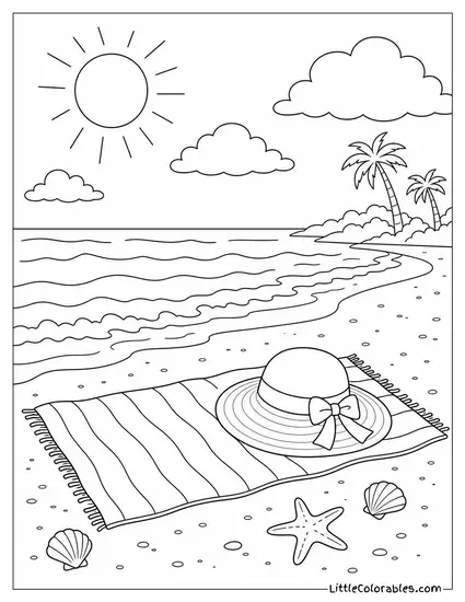 A Beach Towel and Sunhat Left on an Empty Shore Coloring Page